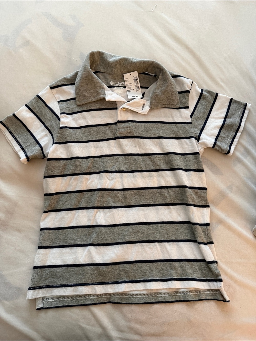 Place Boys Gray, White & Navy Blue Striped Polo